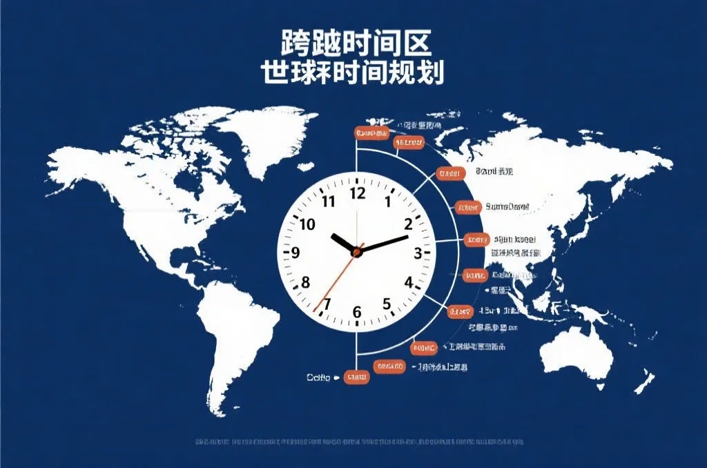 跨时区世界杯时间规划示意图，时钟与世界地图元素结合，清晰简洁